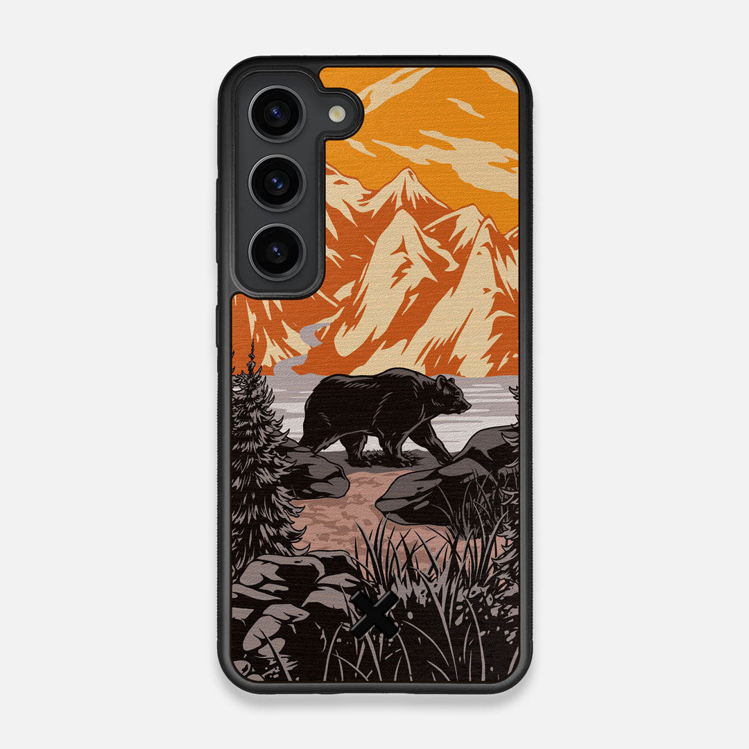 Front view of the stylized Kodiak bear in the mountains print on Wenge wood Galaxy S23 Case by Keyway Designs