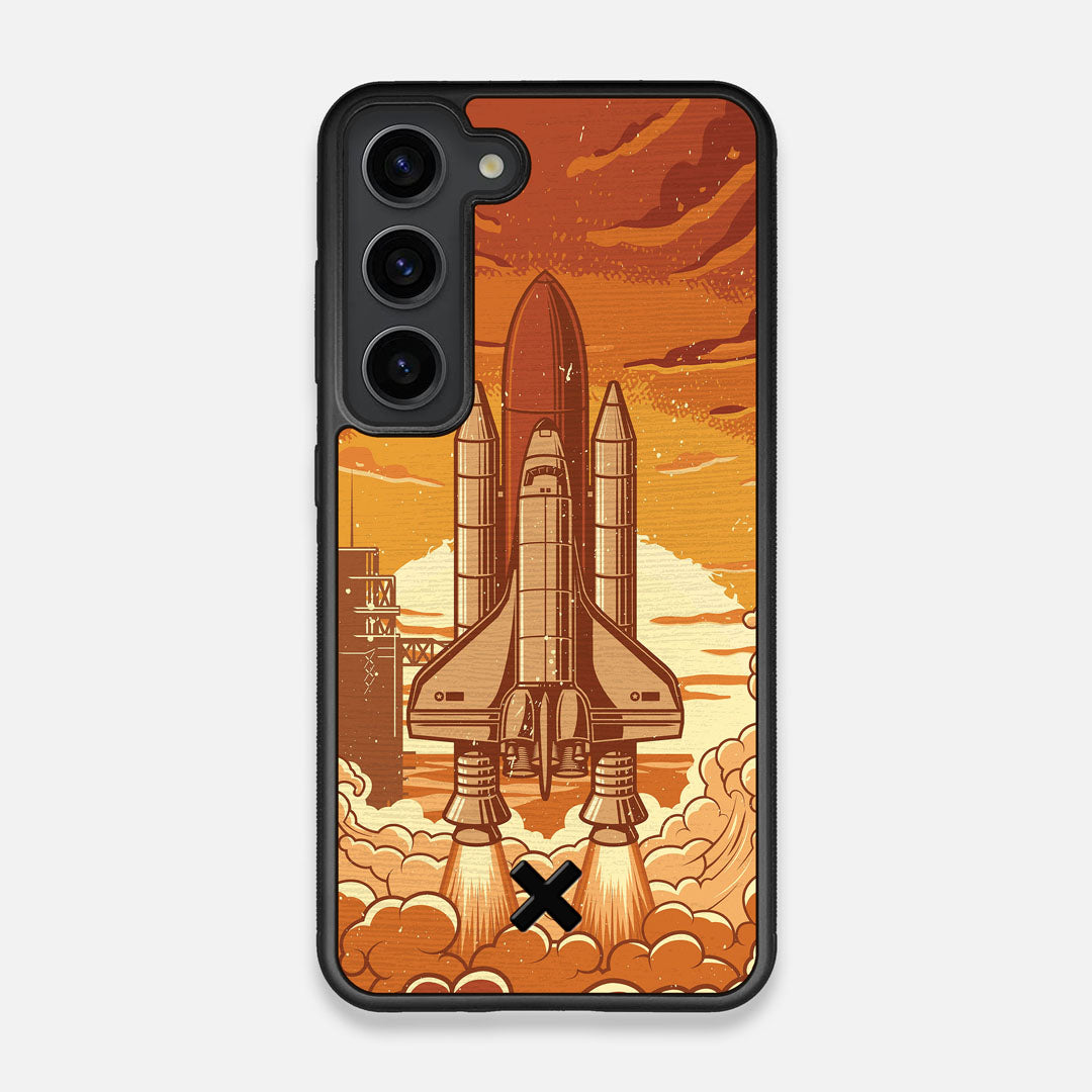 Front view of the vibrant stylized space shuttle launch print on Wenge wood Galaxy S23 Case by Keyway Designs