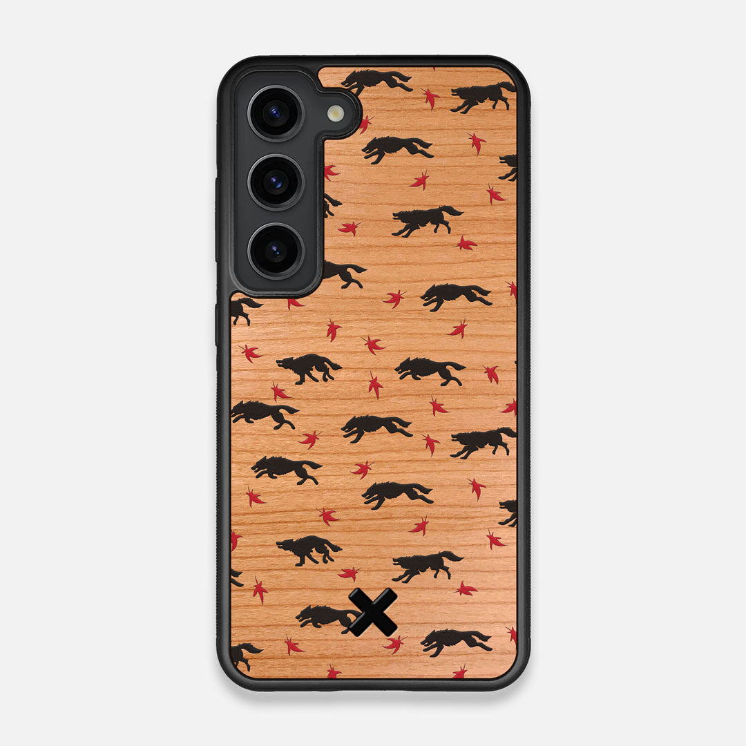 Front view of the unique pattern of wolves and Maple leaves printed on Cherry wood Galaxy S23 Case by Keyway Designs