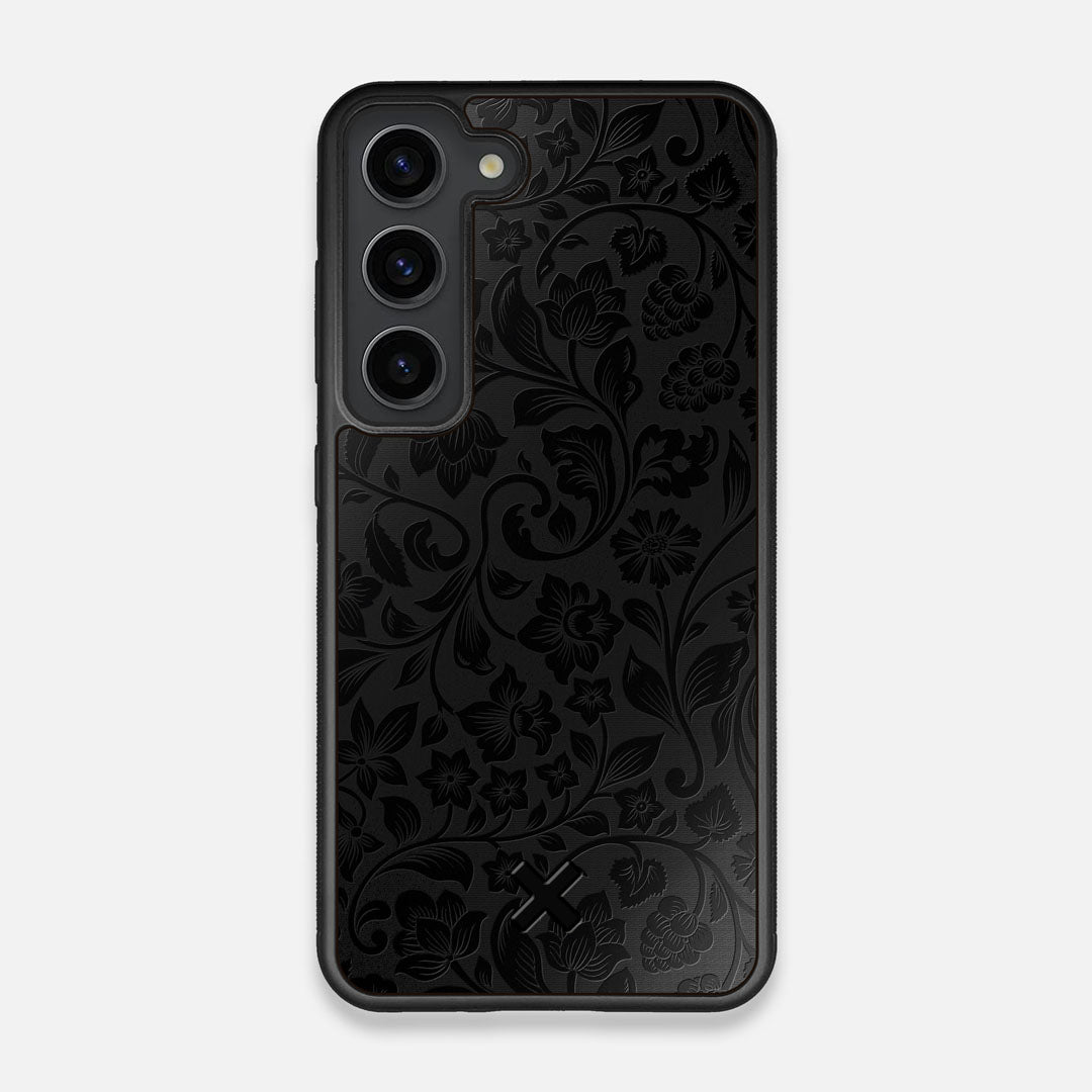 Front view of the highly detailed midnight floral engraving on matte black impact acrylic Galaxy S23 Case by Keyway Designs