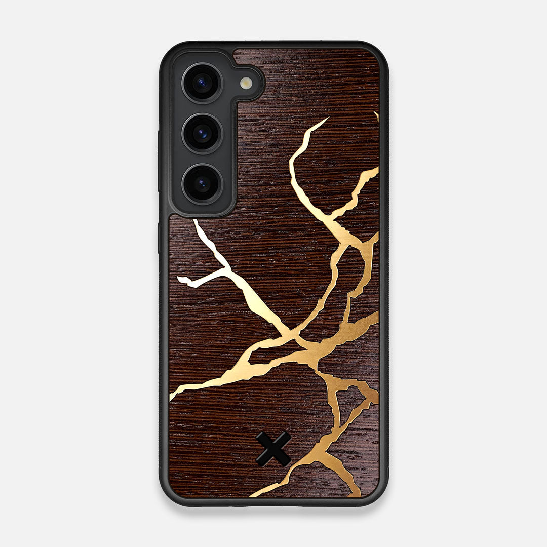 Front view of the Kintsugi inspired Gold and Wenge Wood Galaxy S23 Case by Keyway Designs