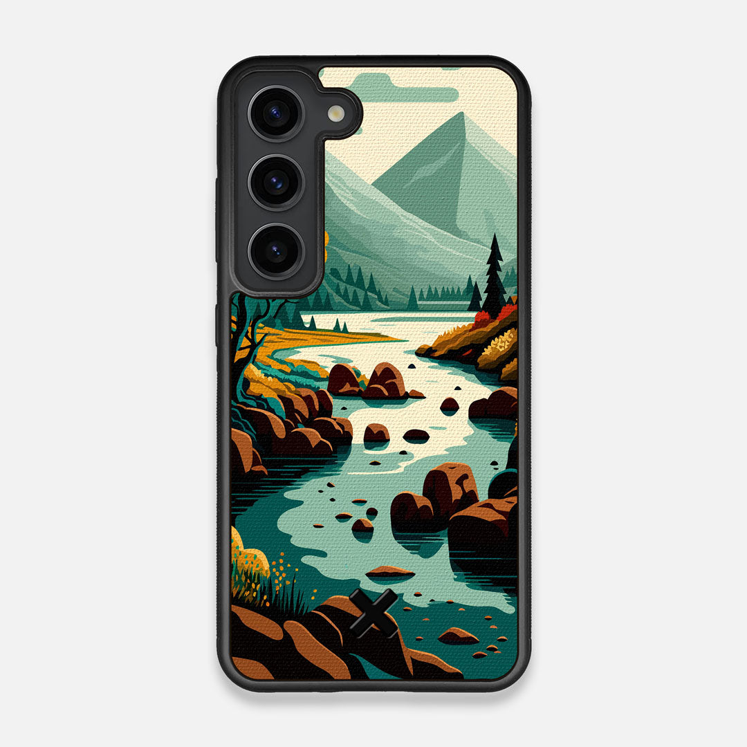 Front view of the stylized calm river flowing towards a lake at the base of the mountains printed to cotton canvas Galaxy S23 Case by Keyway Designs