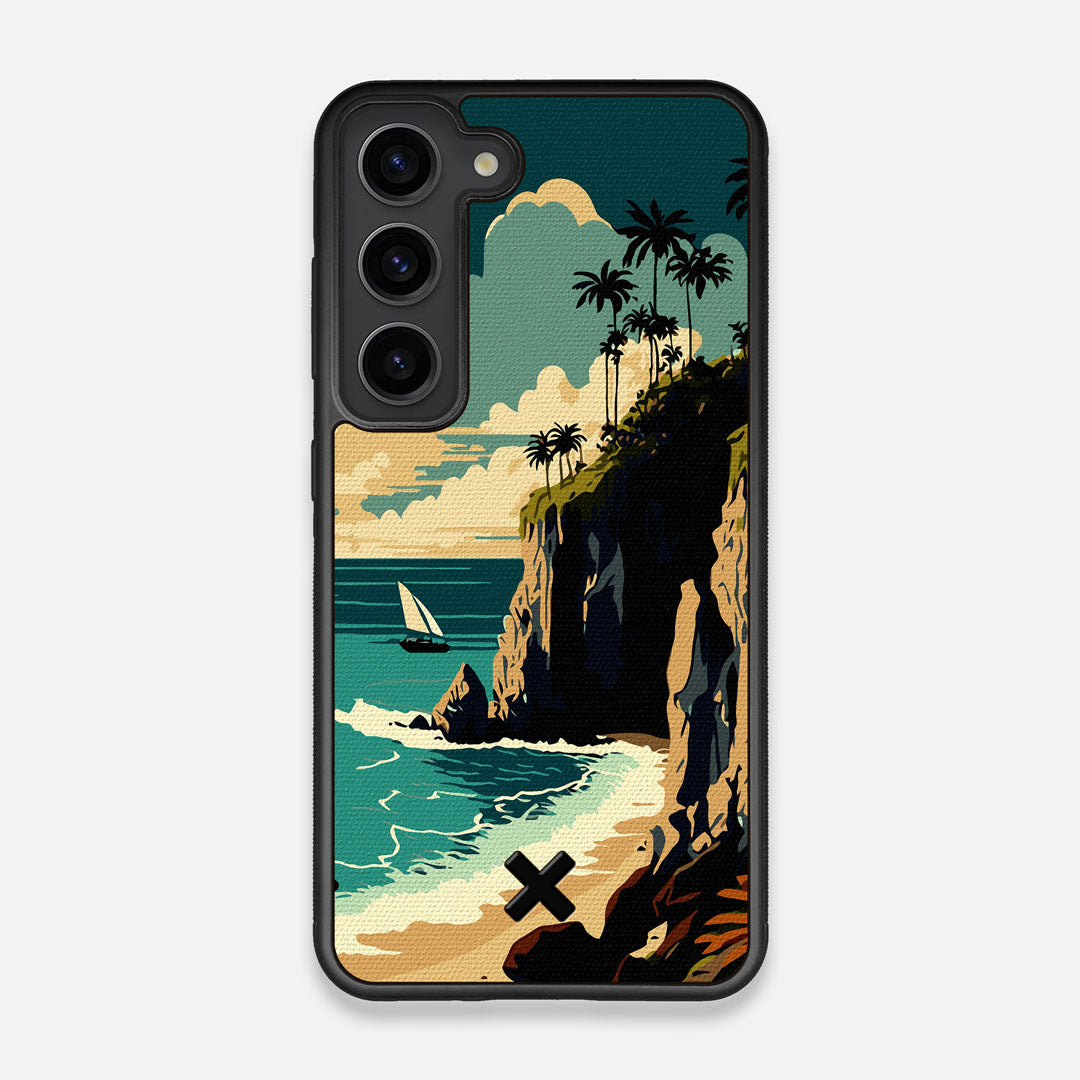 Front view of the stylized seaside bluff with the ocean waves crashing on the shore printed on cotton canvas Galaxy S23 Case by Keyway Designs