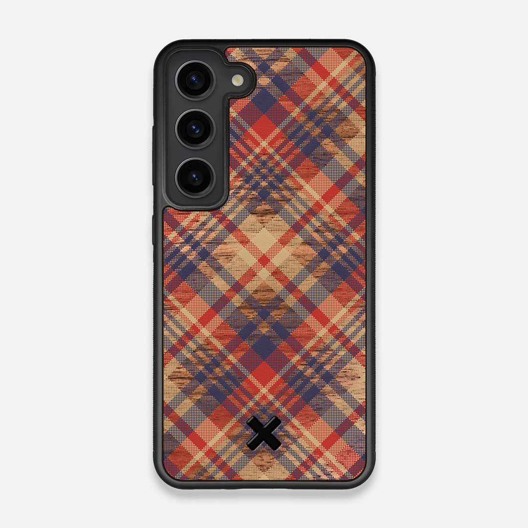 Front view of the Tartan print of beige, blue, and red on Walnut wood Galaxy S23 Case by Keyway Designs