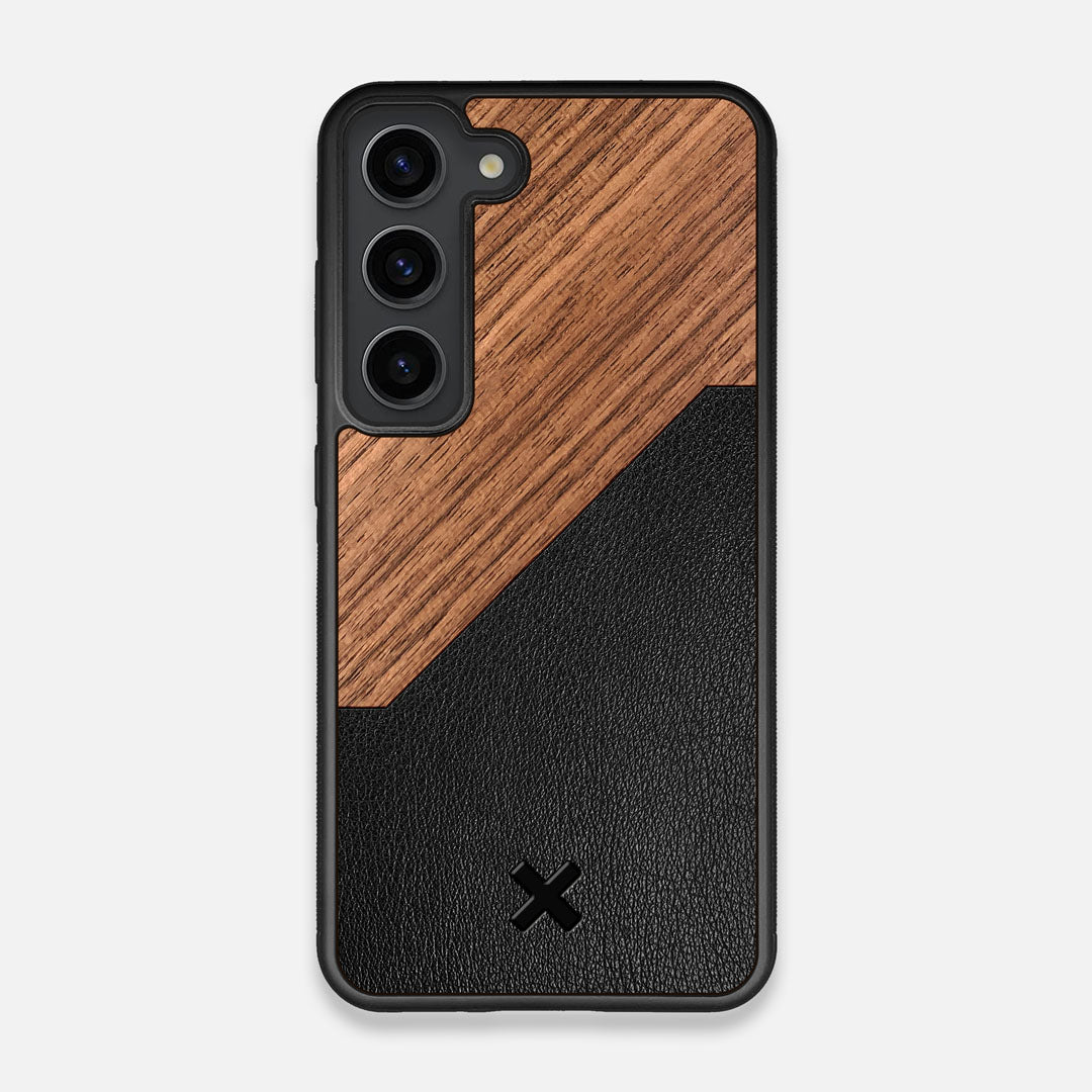 Front view of the Walnut Rift Elegant Wood & Leather Galaxy S23 Case by Keyway Designs