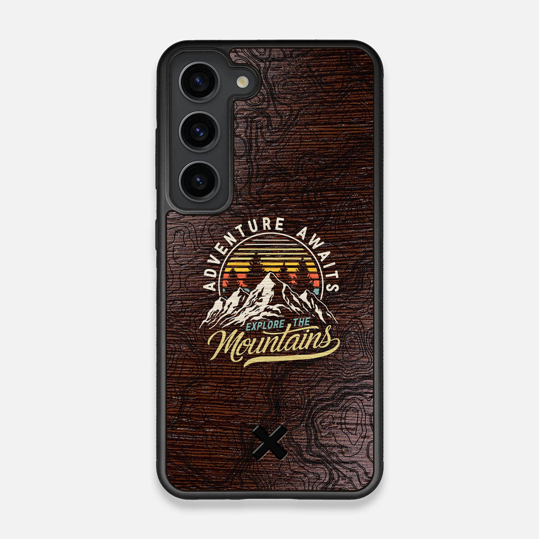 Front view of the crisp topographical map with Explorer badge printed on wenge wood Galaxy S23 Case by Keyway Designs