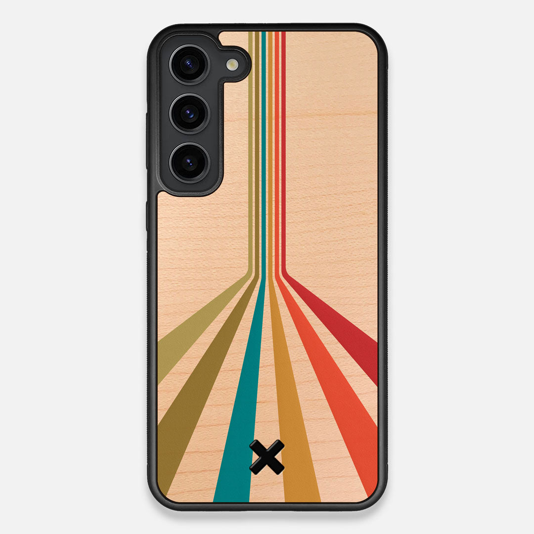 Front view of the array of colour beams splitting across the case printed on Maple wood Galaxy S23+ Case by Keyway Designs