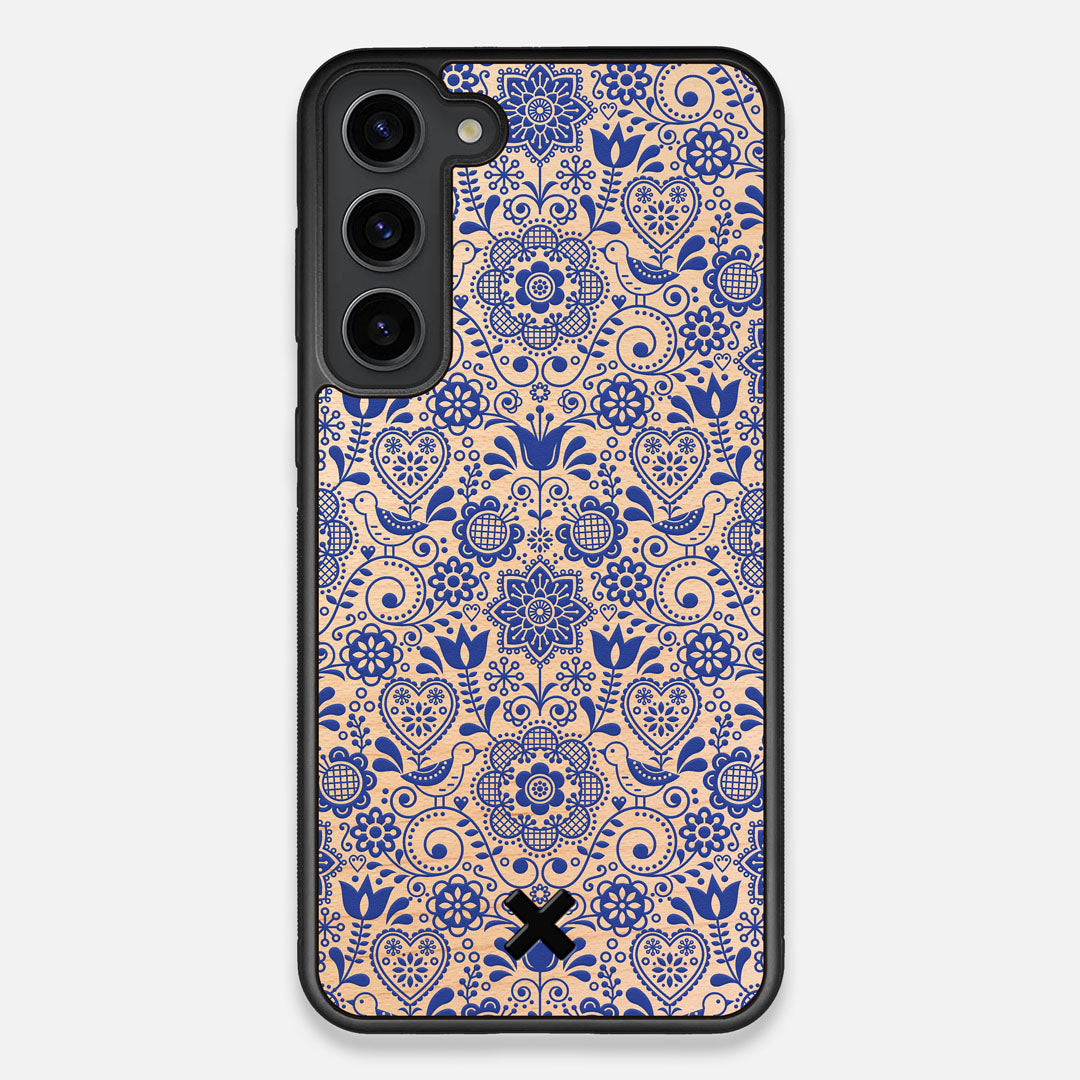 Front view of the blue floral pattern on maple wood Galaxy S23+ Case by Keyway Designs