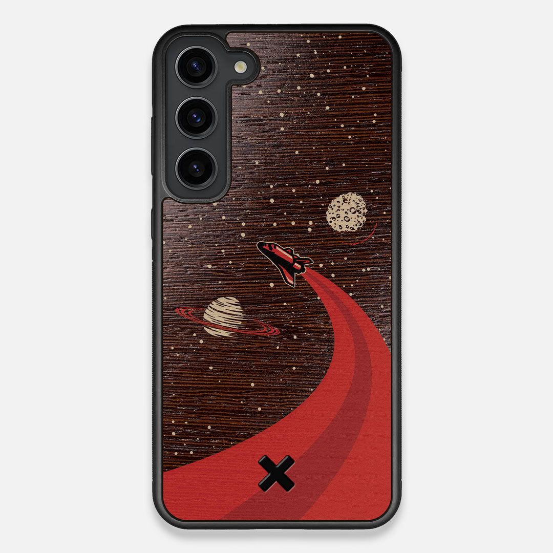 Front view of the stylized space shuttle boosting to saturn printed on Wenge wood Galaxy S23+ Case by Keyway Designs
