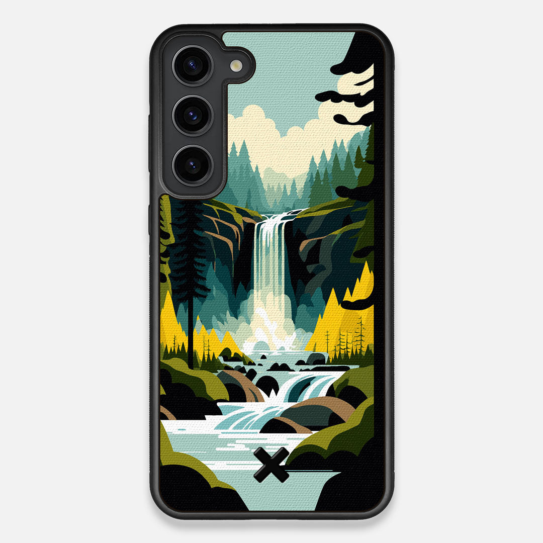Front view of the stylized peaceful forest waterfall making it's way through the rocks printed to cotton canvas Galaxy S23+ Case by Keyway Designs