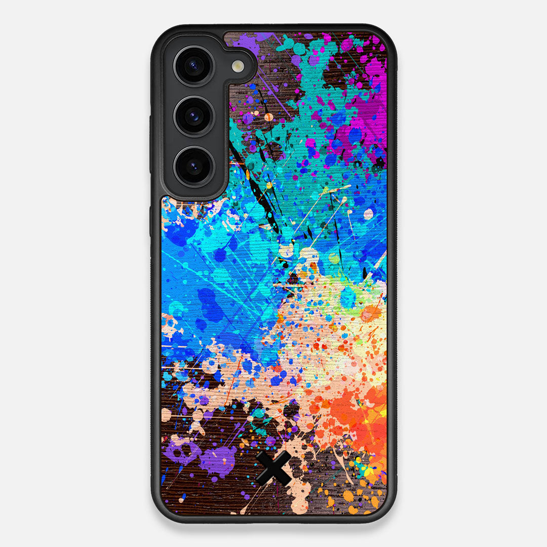 Front view of the realistic paint splatter 'Chroma' printed Wenge Wood Galaxy S23+ Case by Keyway Designs