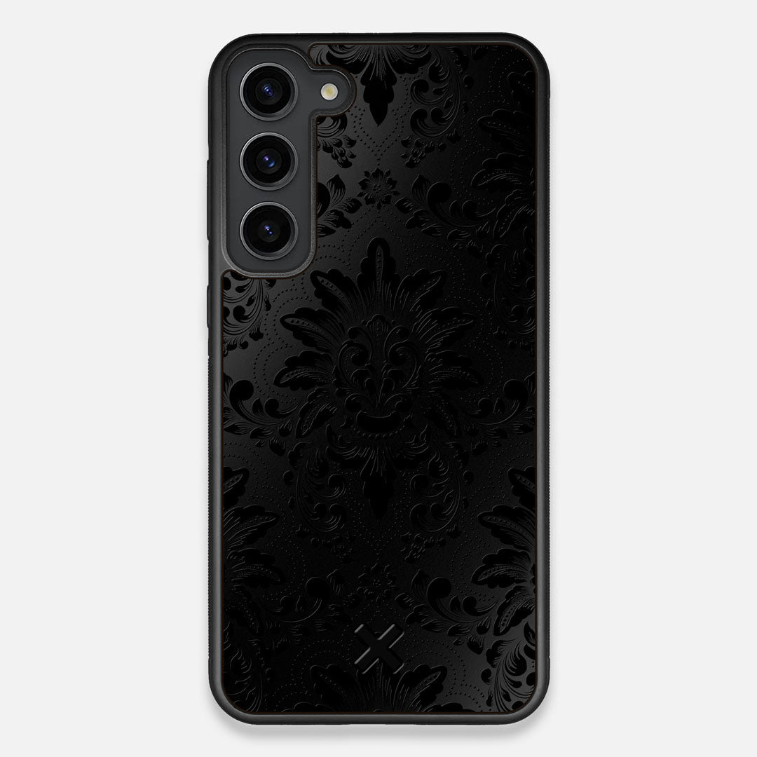 Front view of the detailed gloss Damask pattern printed on matte black impact acrylic Galaxy S23+ Case by Keyway Designs