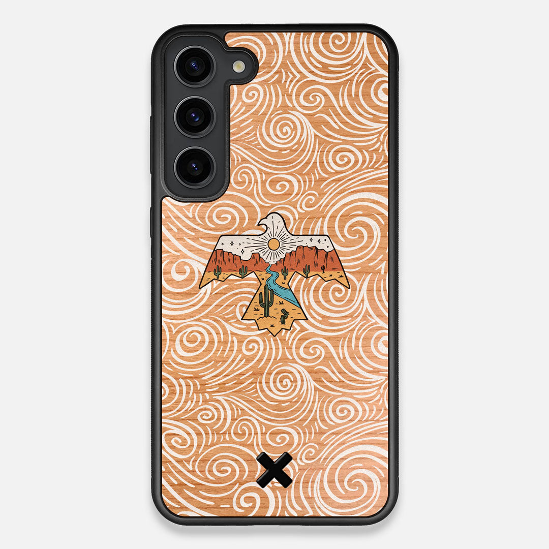 Front view of the double-exposure style eagle over flowing gusts of wind printed on Cherry wood Galaxy S23+ Case by Keyway Designs