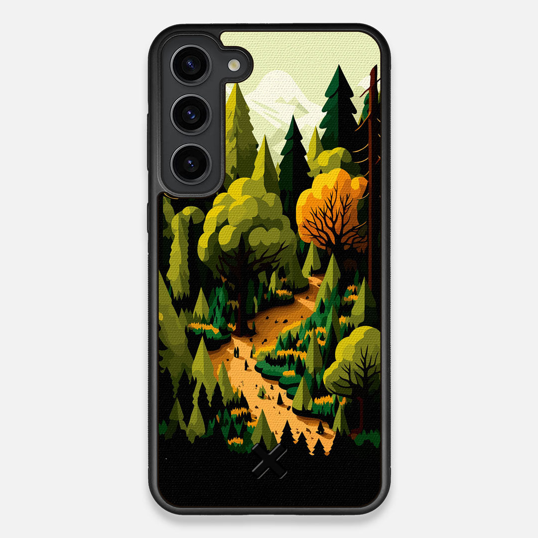 Front view of the stylized quiet forest path making it's way through the evergreen trees printed to cotton canvas Galaxy S23+ Case by Keyway Designs
