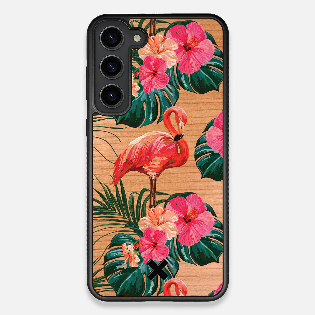 Front view of the Flamingo & Floral printed Cherry Wood Galaxy S23+ Case by Keyway Designs