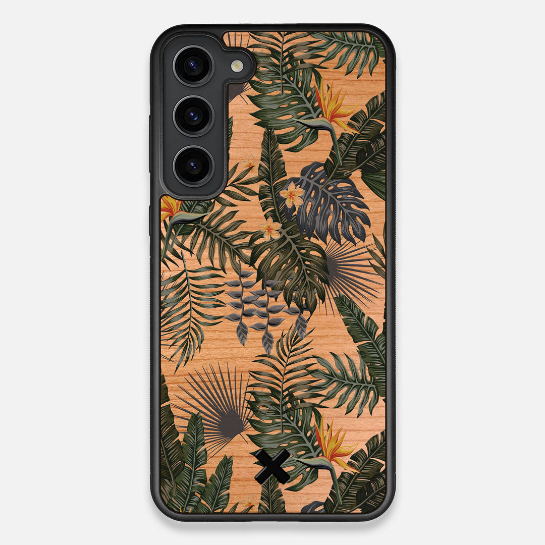 Front view of the Floral tropical leaf printed Cherry Wood Galaxy S23+ Case by Keyway Designs