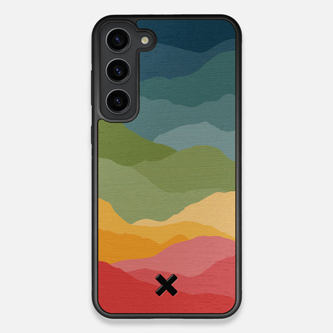 Front view of the vibrant flowing rainbow print on Wenge wood Galaxy S23+ Case by Keyway Designs