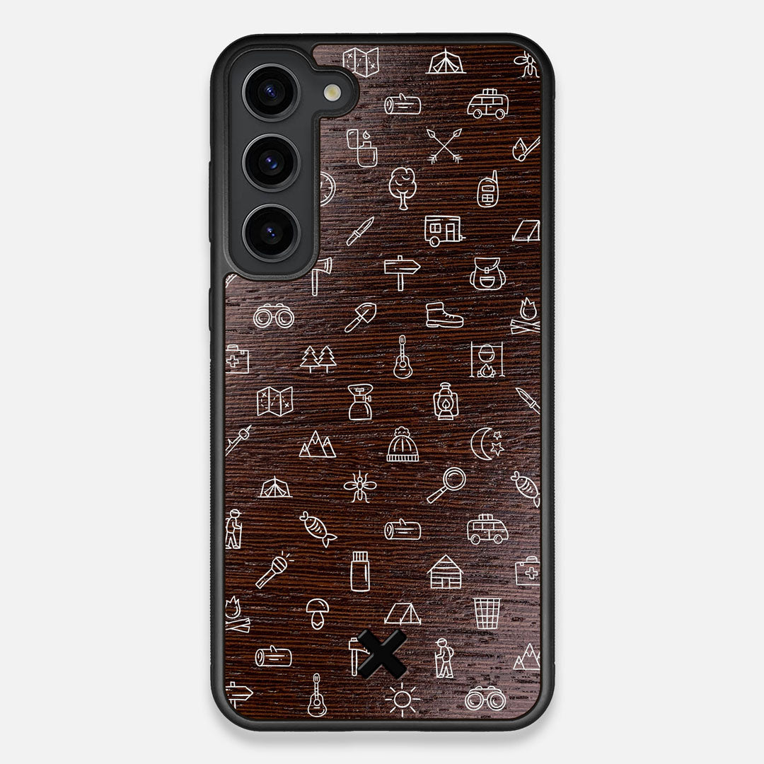 Front view of the fun detailed camping icon print on Wenge wood Galaxy S23+ Case by Keyway Designs