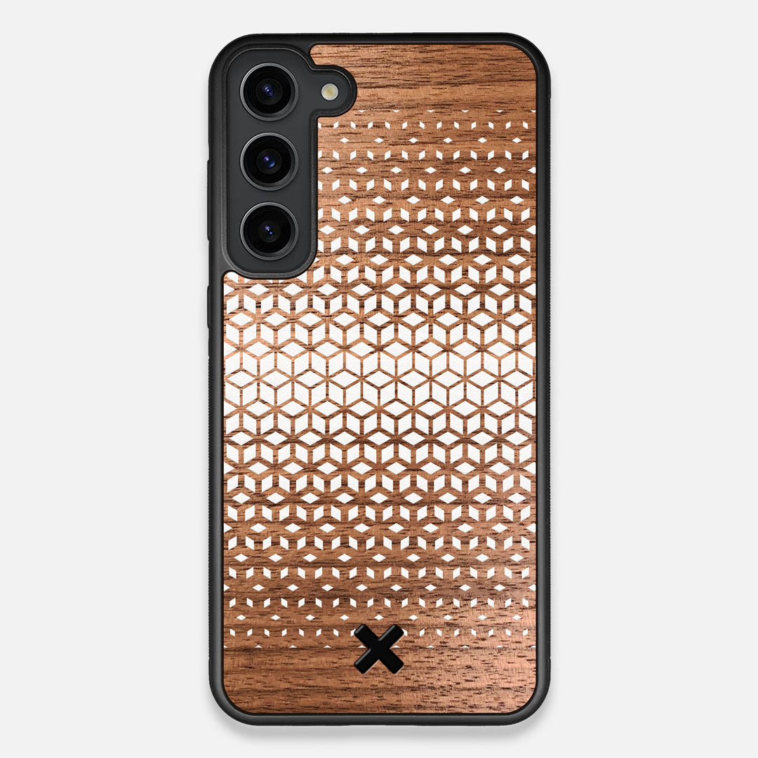 Front view of the white ink geometric gradient printed on Walnut wood Galaxy S23+ Case by Keyway Designs