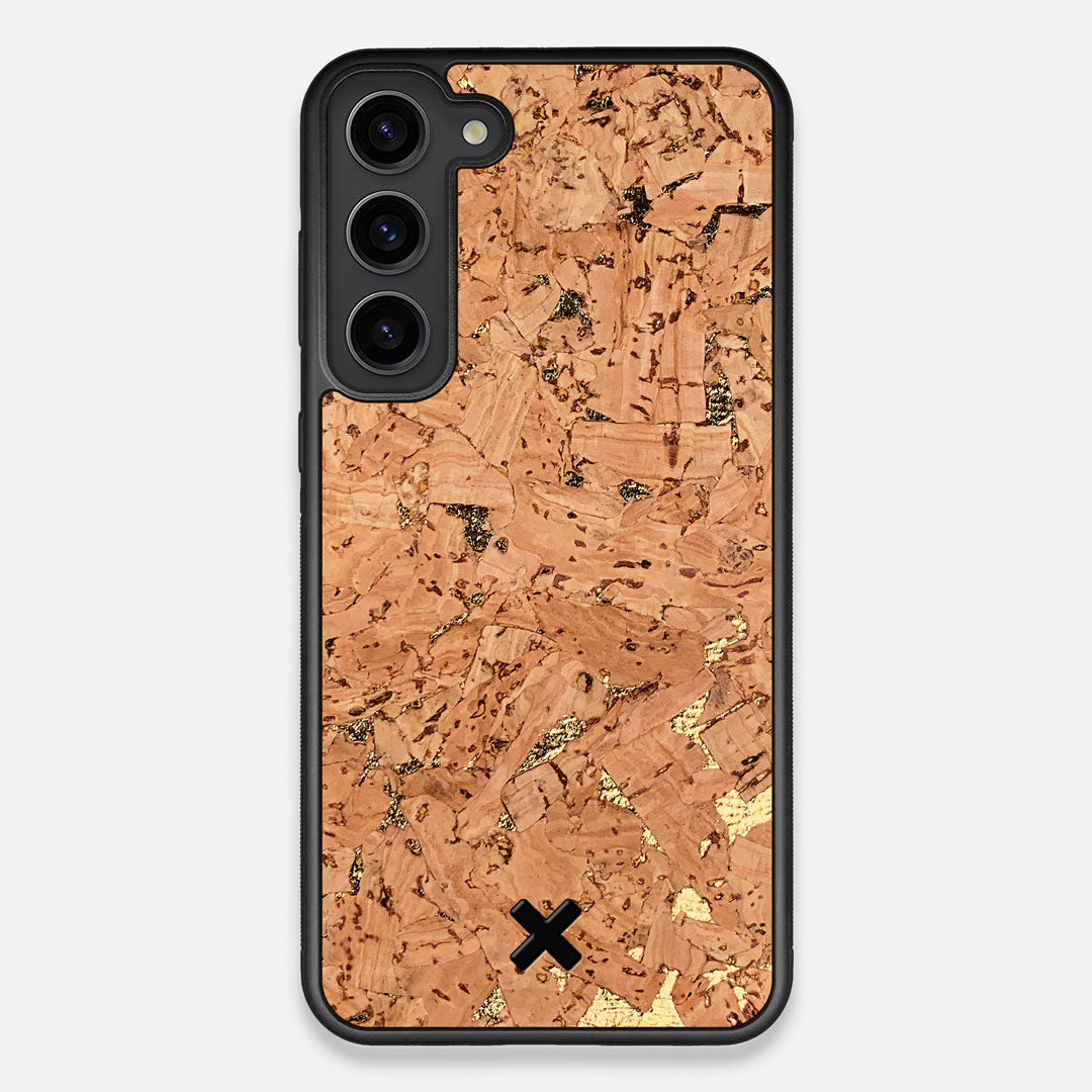 Front view of the gold fleck natural cork Galaxy S23+ Case by Keyway Designs