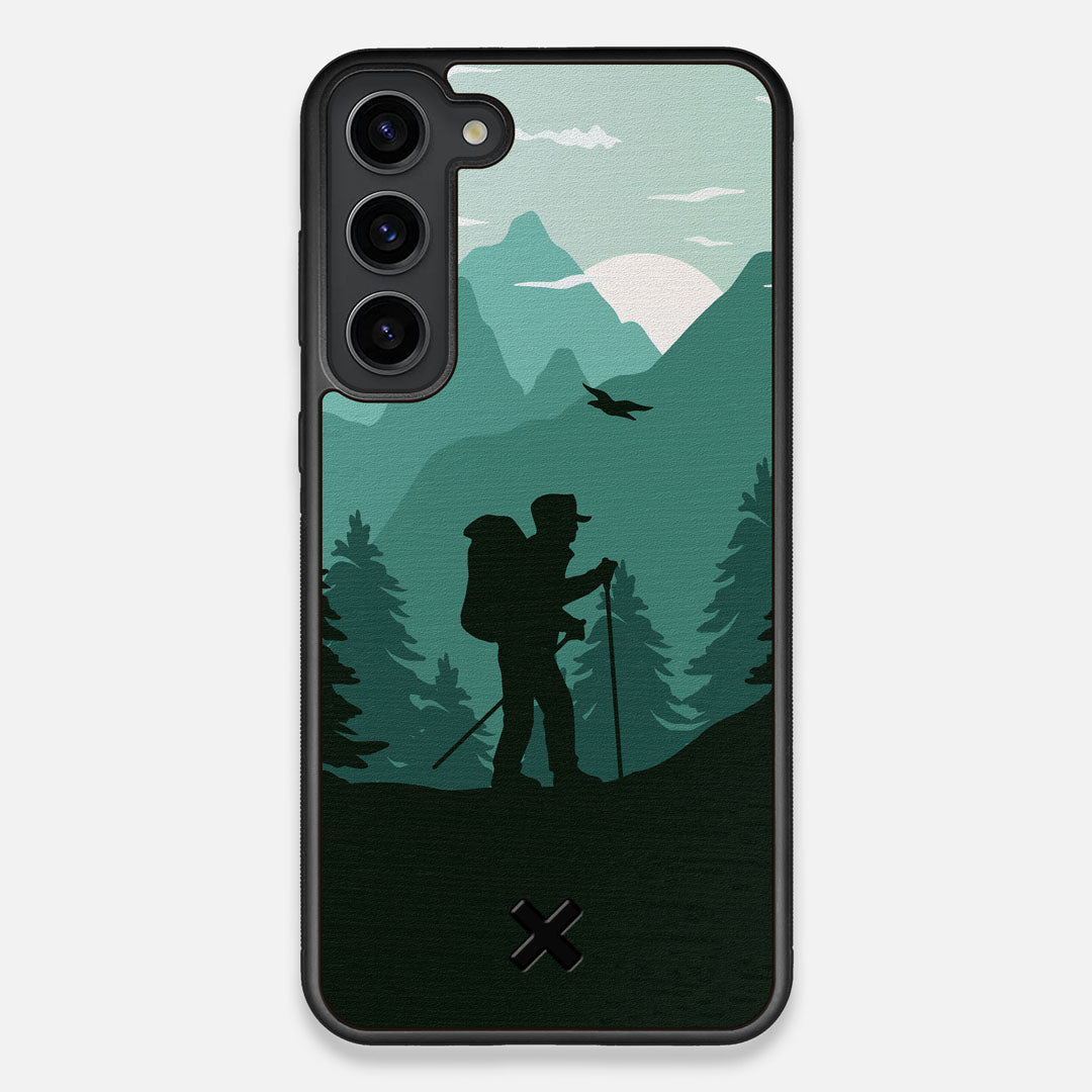 Front view of the stylized mountain hiker print on Wenge wood Galaxy S23+ Case by Keyway Designs