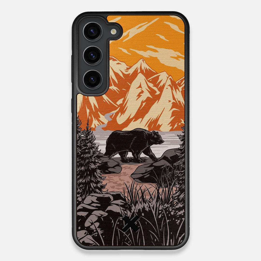 Front view of the stylized Kodiak bear in the mountains print on Wenge wood Galaxy S23+ Case by Keyway Designs