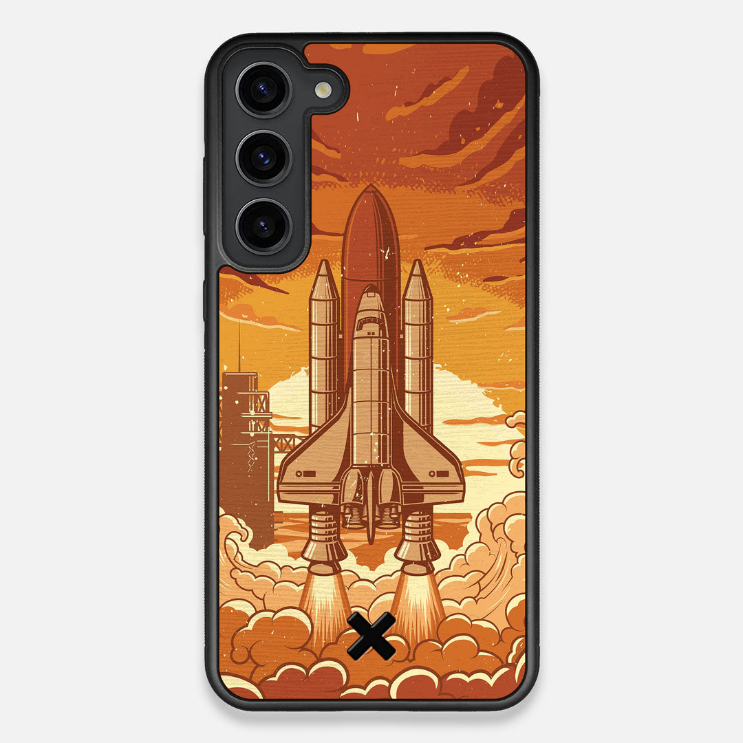 Front view of the vibrant stylized space shuttle launch print on Wenge wood Galaxy S23+ Case by Keyway Designs