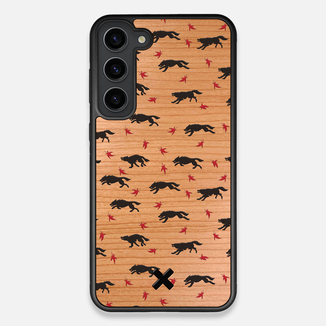 Front view of the unique pattern of wolves and Maple leaves printed on Cherry wood Galaxy S23+ Case by Keyway Designs