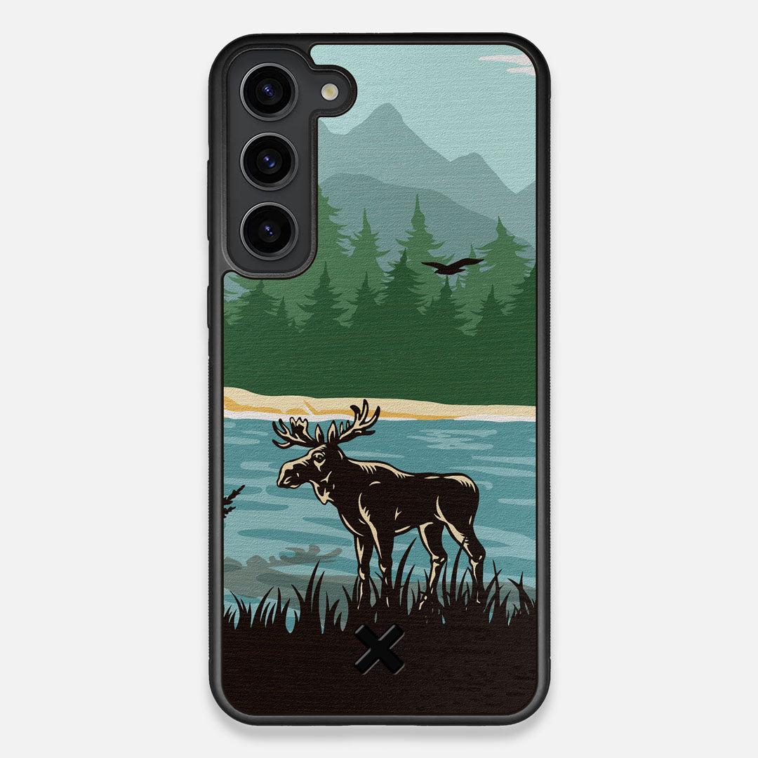 Front view of the stylized bull moose forest print on Wenge wood Galaxy S23+ Case by Keyway Designs