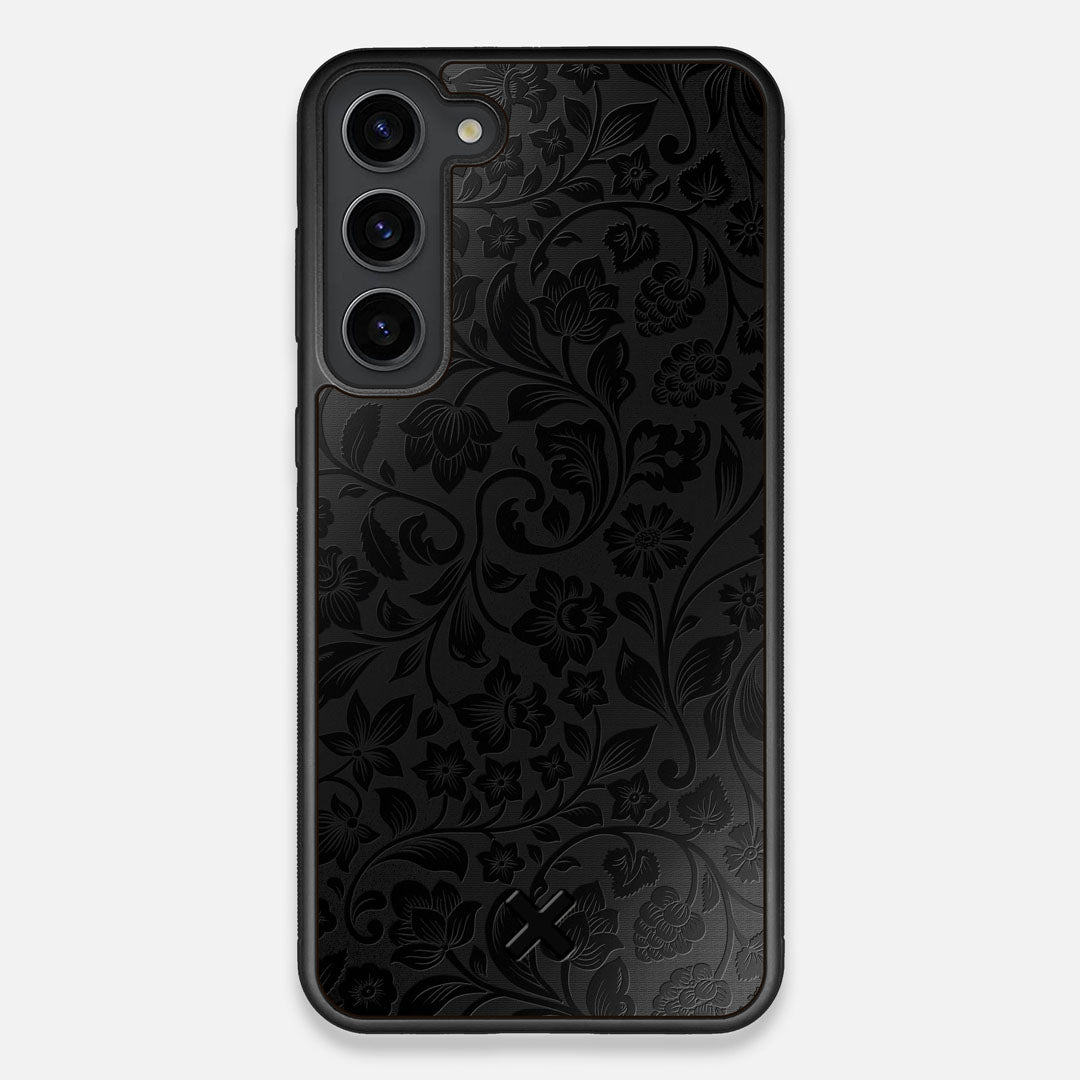 Front view of the highly detailed midnight floral engraving on matte black impact acrylic Galaxy S23 Plus Case by Keyway Designs