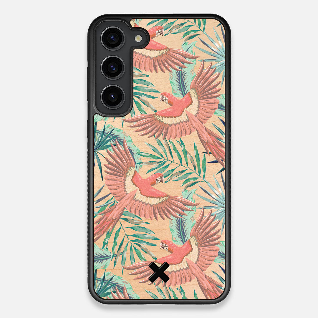 Front view of the Paradise Macaw and Tropical Leaf printed Maple Wood Galaxy S23+ Case by Keyway Designs