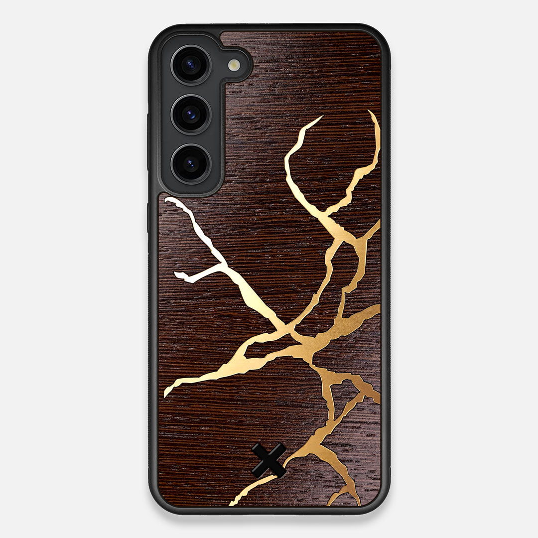 Front view of the Kintsugi inspired Gold and Wenge Wood Galaxy S23 Plus Case by Keyway Designs