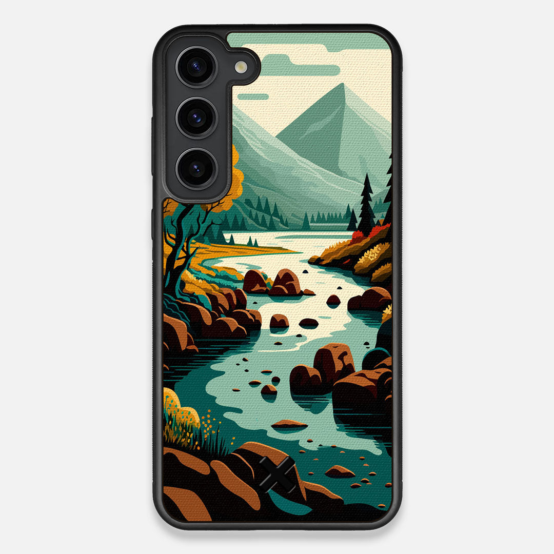 Front view of the stylized calm river flowing towards a lake at the base of the mountains printed to cotton canvas Galaxy S23+ Case by Keyway Designs