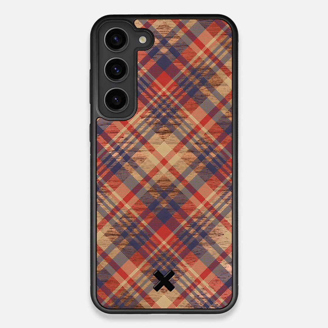 Front view of the Tartan print of beige, blue, and red on Walnut wood Galaxy S23+ Case by Keyway Designs