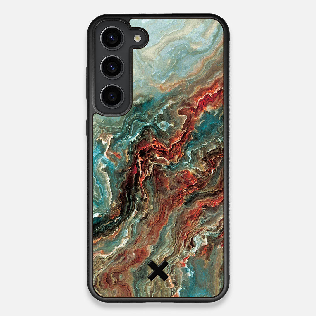 Front view of the vibrant and rich Red & Green flowing marble pattern printed Wenge Wood Galaxy S23+ Case by Keyway Designs