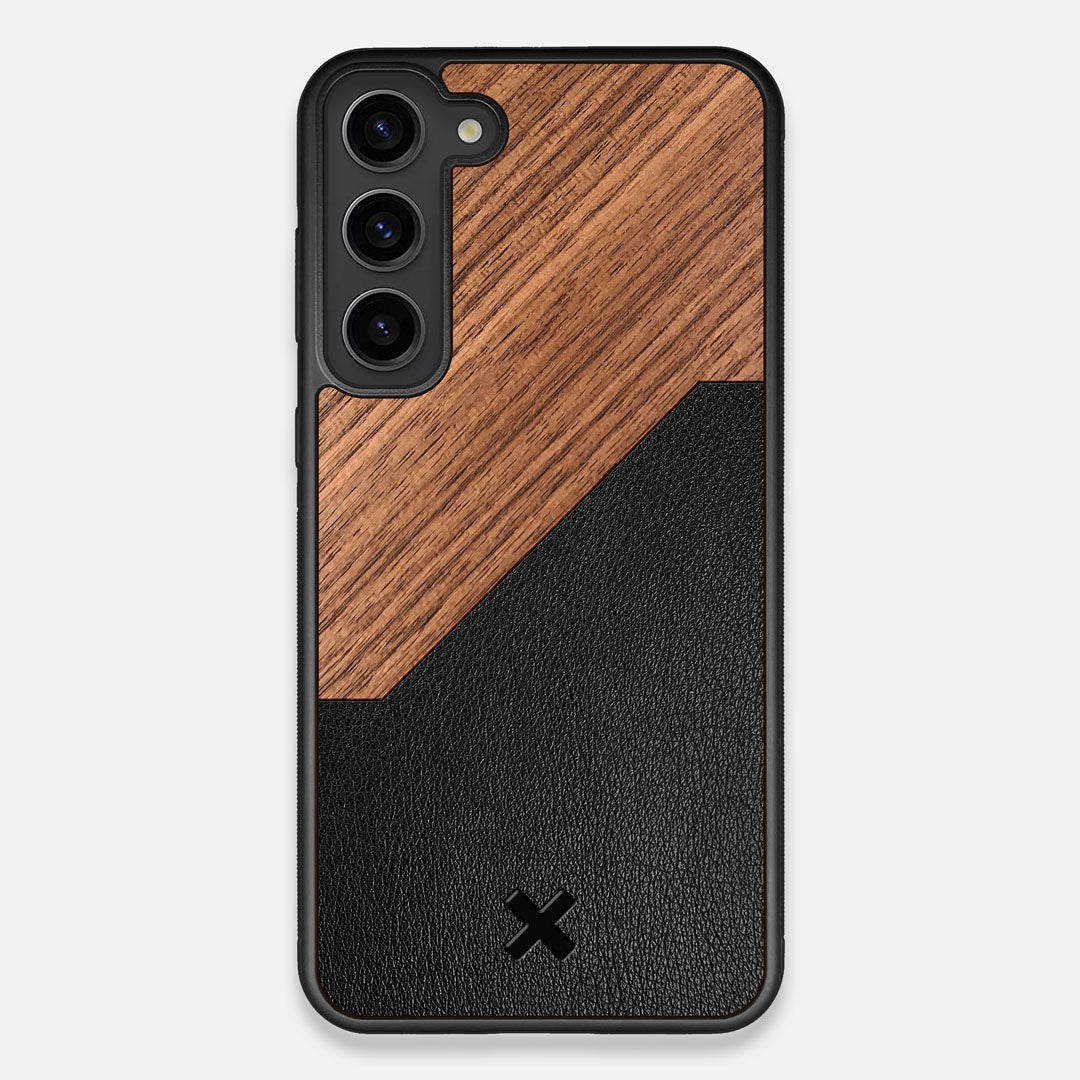 Front view of the Walnut Rift Elegant Wood & Leather Galaxy S23 Plus Case by Keyway Designs