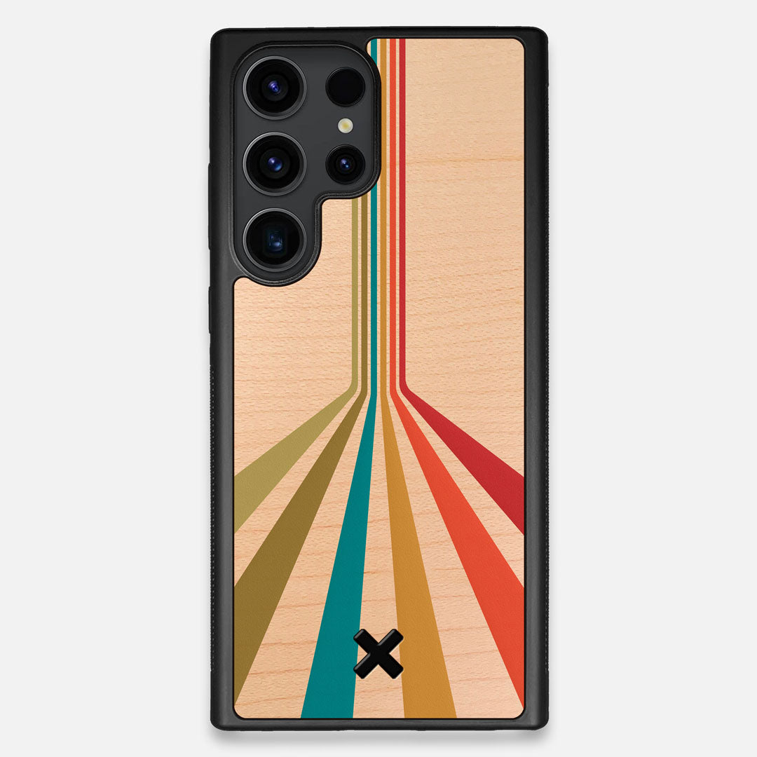Front view of the array of colour beams splitting across the case printed on Maple wood Galaxy S23 Ultra Case by Keyway Designs