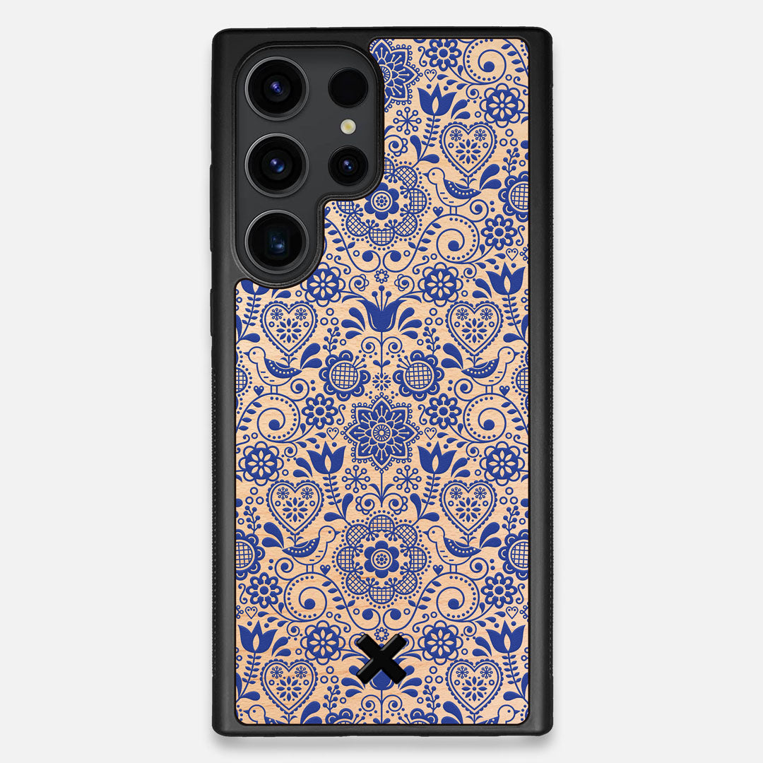 Front view of the blue floral pattern on maple wood Galaxy S23 Ultra Case by Keyway Designs