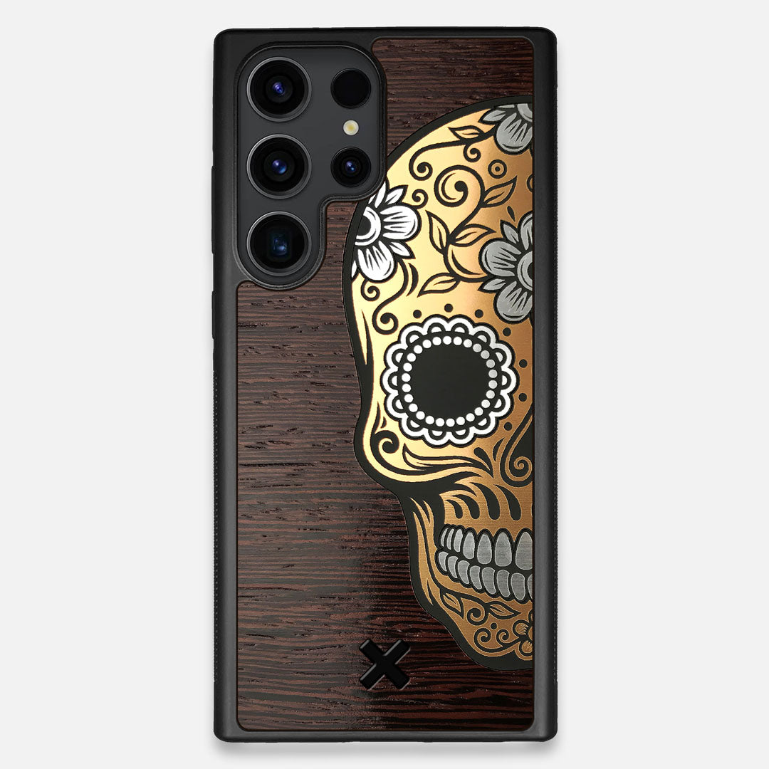Front view of the Calavera Wood Sugar Skull Wood Galaxy S23 Ultra Case by Keyway Designs