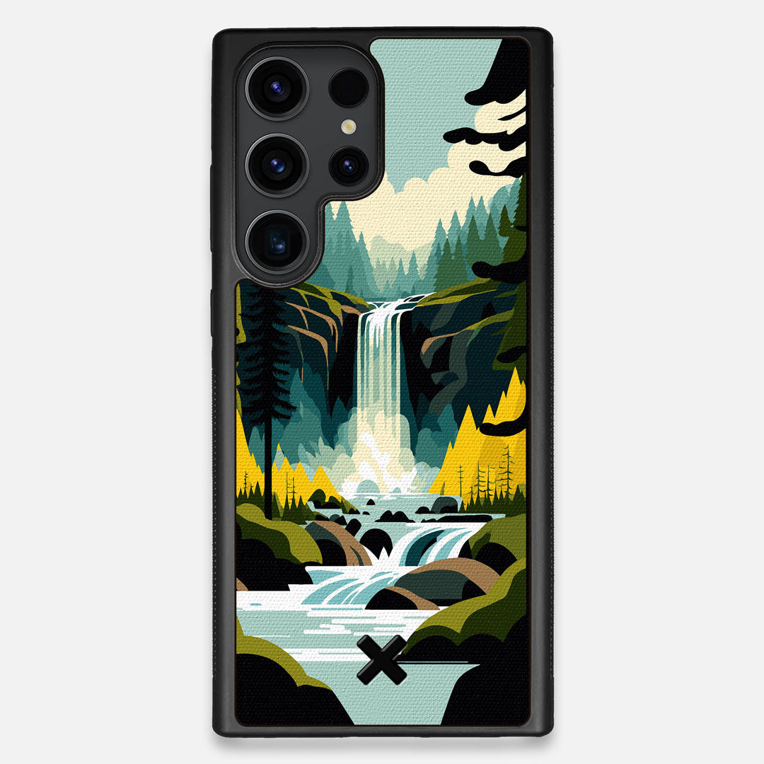 Front view of the stylized peaceful forest waterfall making it's way through the rocks printed to cotton canvas Galaxy S23 Ultra Case by Keyway Designs