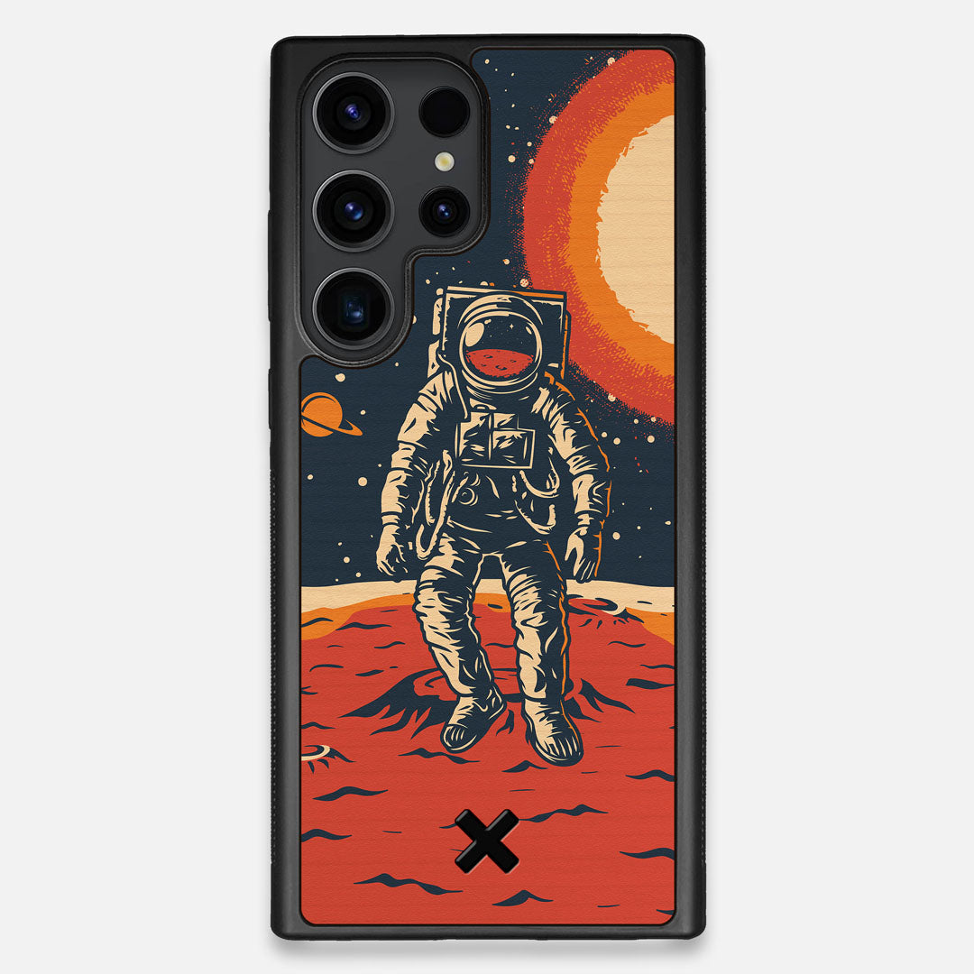 Front view of the stylized astronaut space-walk print on Cherry wood Galaxy S23 Ultra Case by Keyway Designs