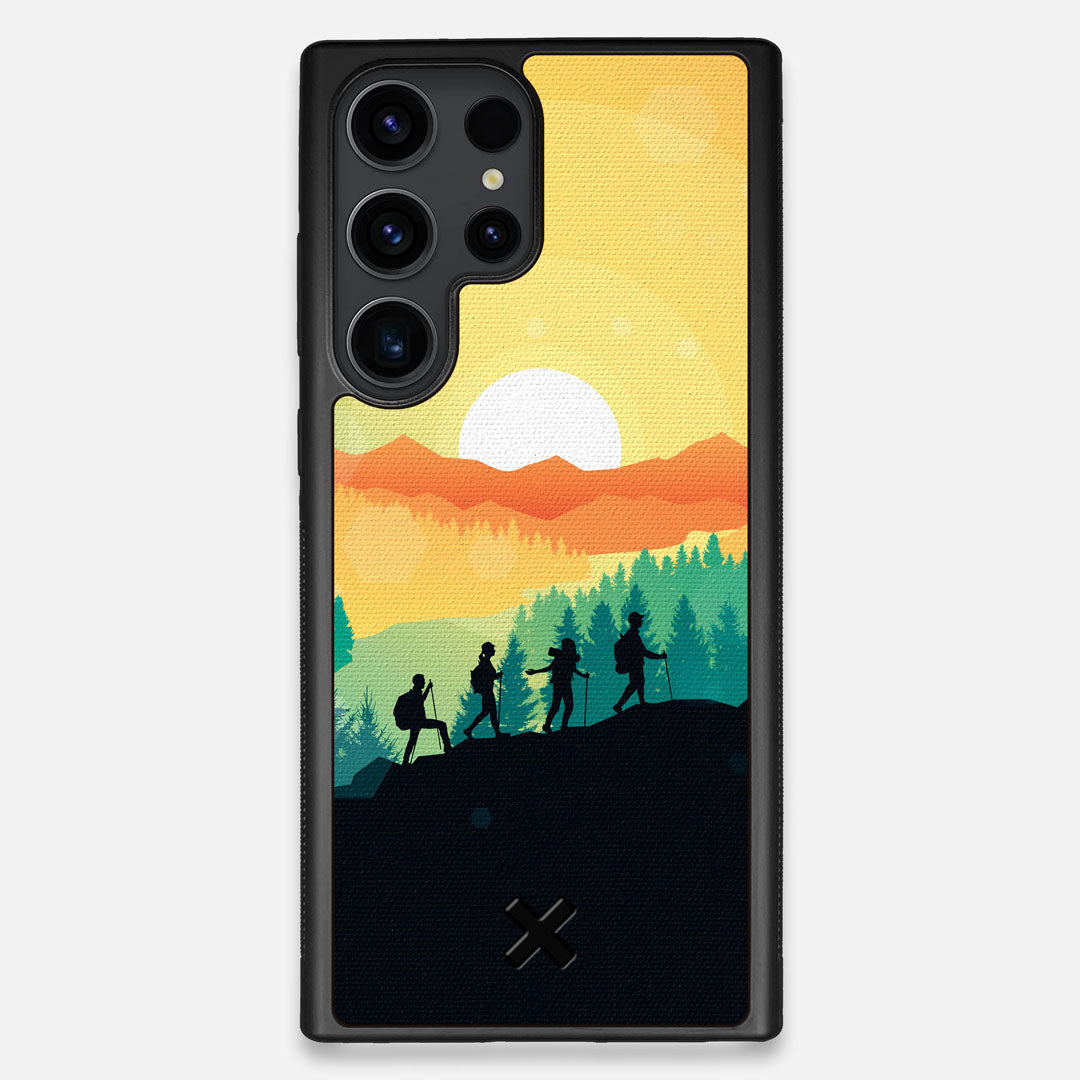 Front view of the stylized group of travellers on an expedition in the mountains printed to cotton canvas Galaxy S23 Ultra Case by Keyway Designs
