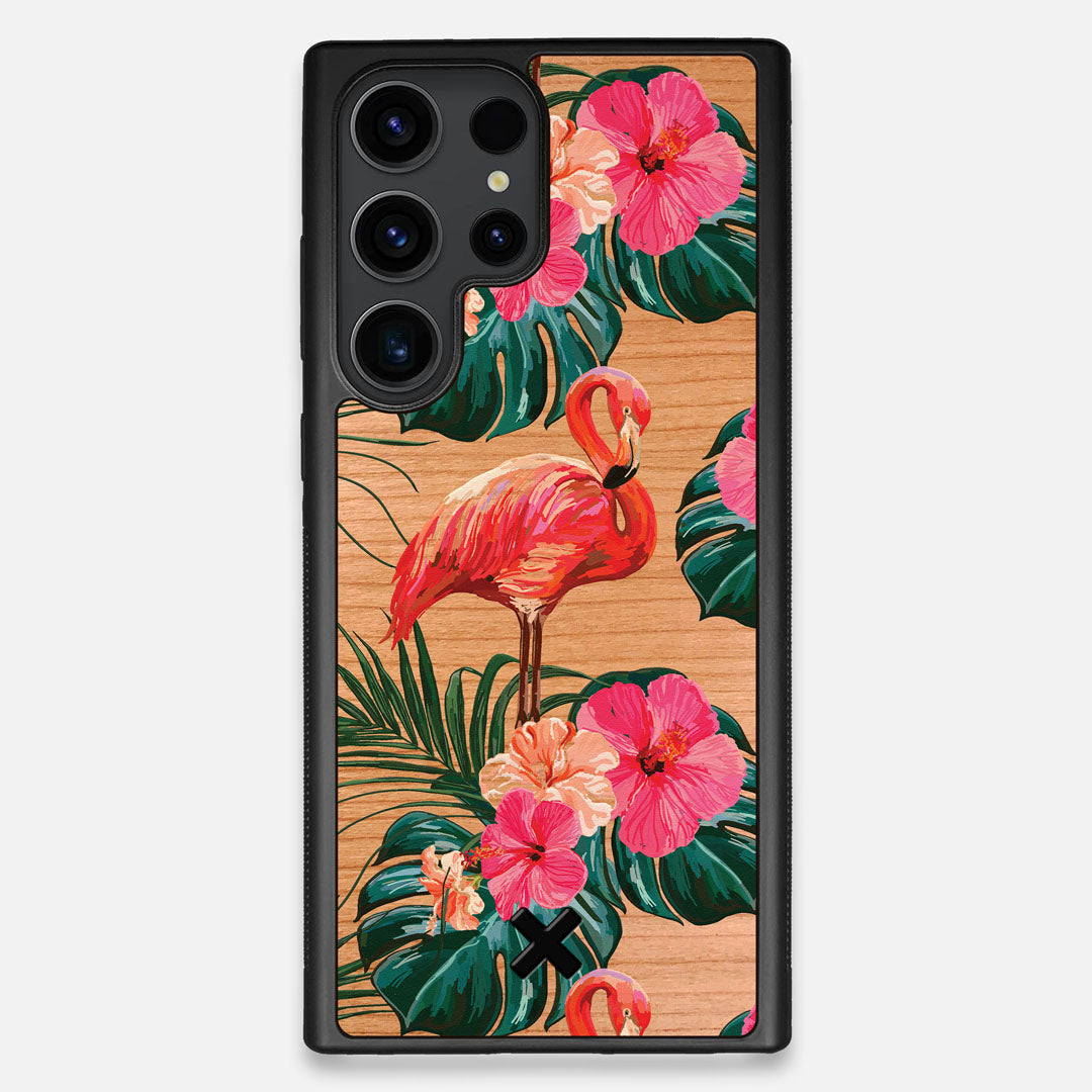 Front view of the Flamingo & Floral printed Cherry Wood Galaxy S23 Ultra Case by Keyway Designs