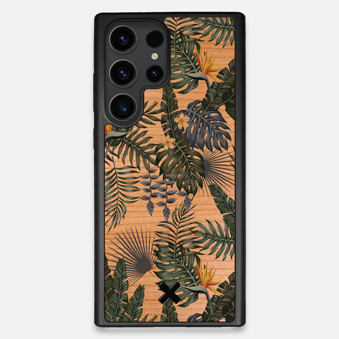 Front view of the Floral tropical leaf printed Cherry Wood Galaxy S23 Ultra Case by Keyway Designs