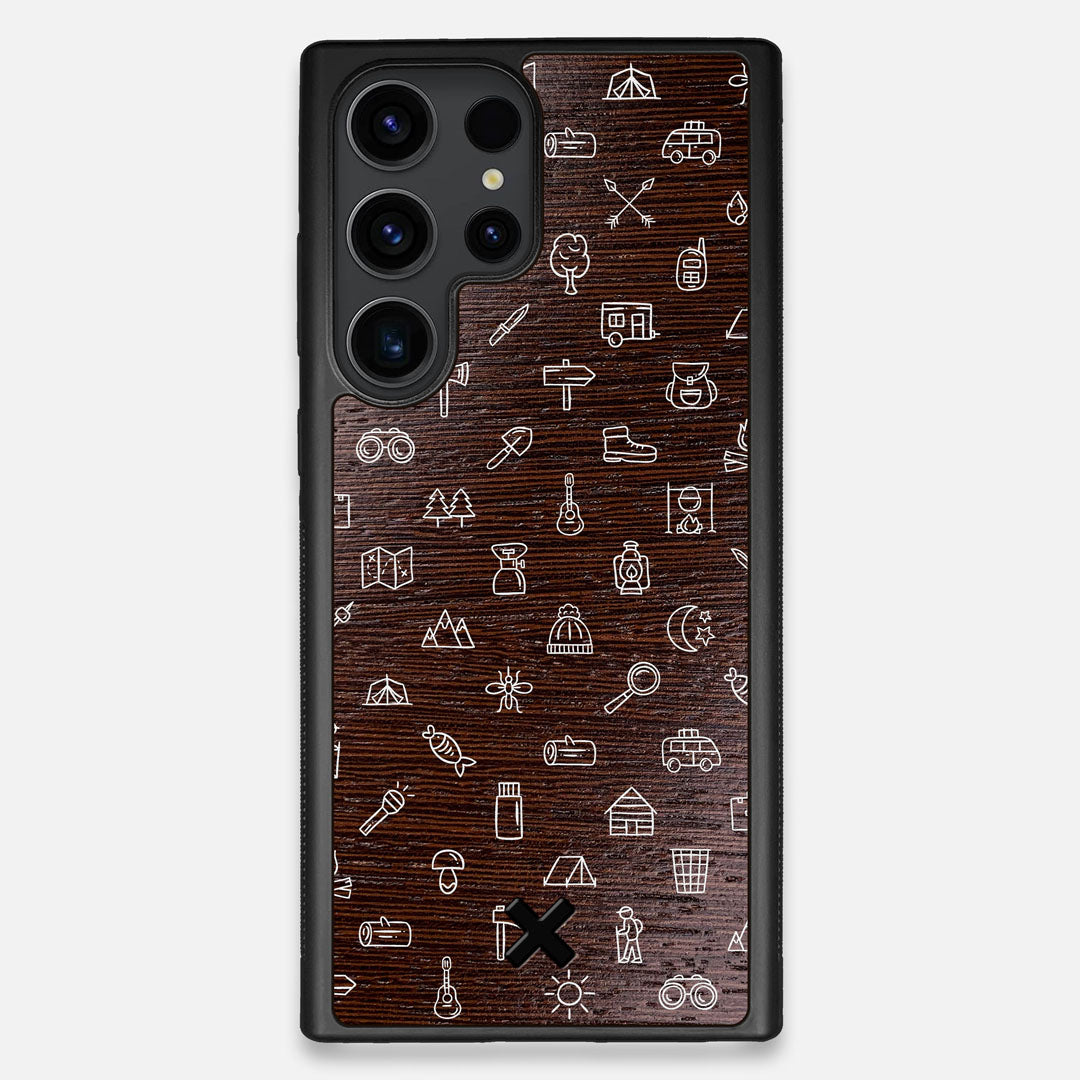 Front view of the fun detailed camping icon print on Wenge wood Galaxy S23 Ultra Case by Keyway Designs
