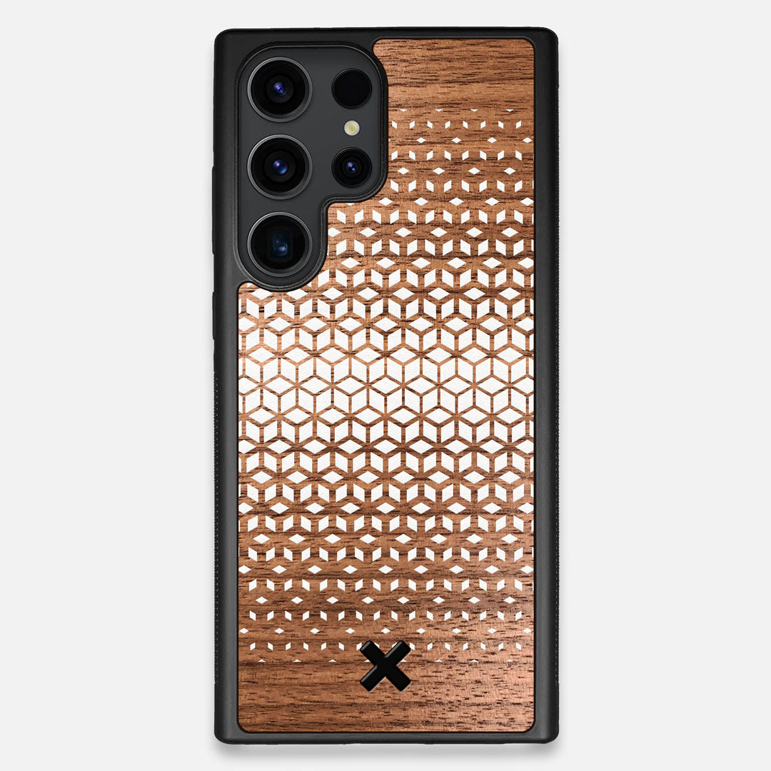 Front view of the white ink geometric gradient printed on Walnut wood Galaxy S23 Ultra Case by Keyway Designs