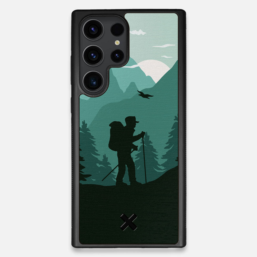 Front view of the stylized mountain hiker print on Wenge wood Galaxy S23 Ultra Case by Keyway Designs
