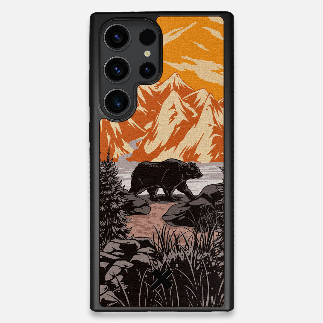 Front view of the stylized Kodiak bear in the mountains print on Wenge wood Galaxy S23 Ultra Case by Keyway Designs