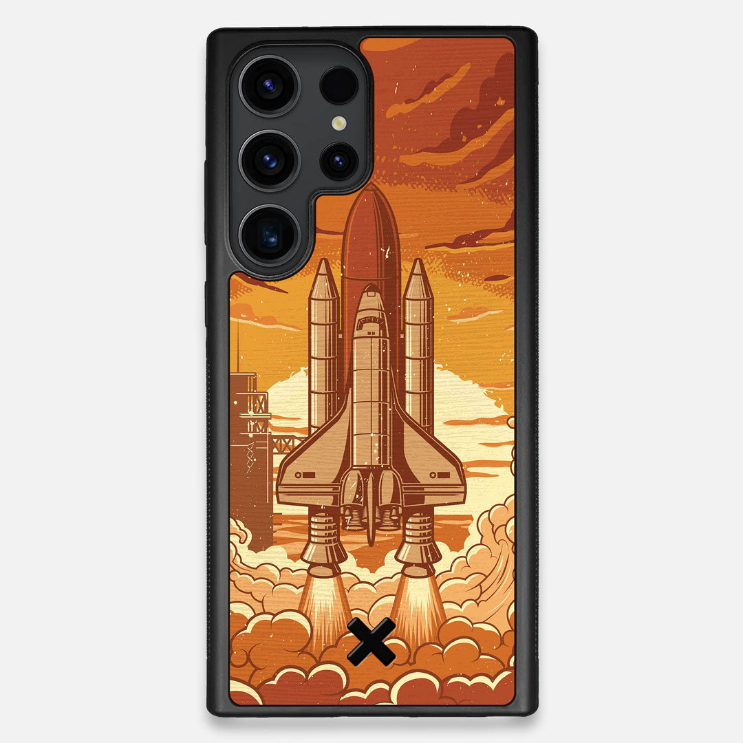 Front view of the vibrant stylized space shuttle launch print on Wenge wood Galaxy S23 Ultra Case by Keyway Designs