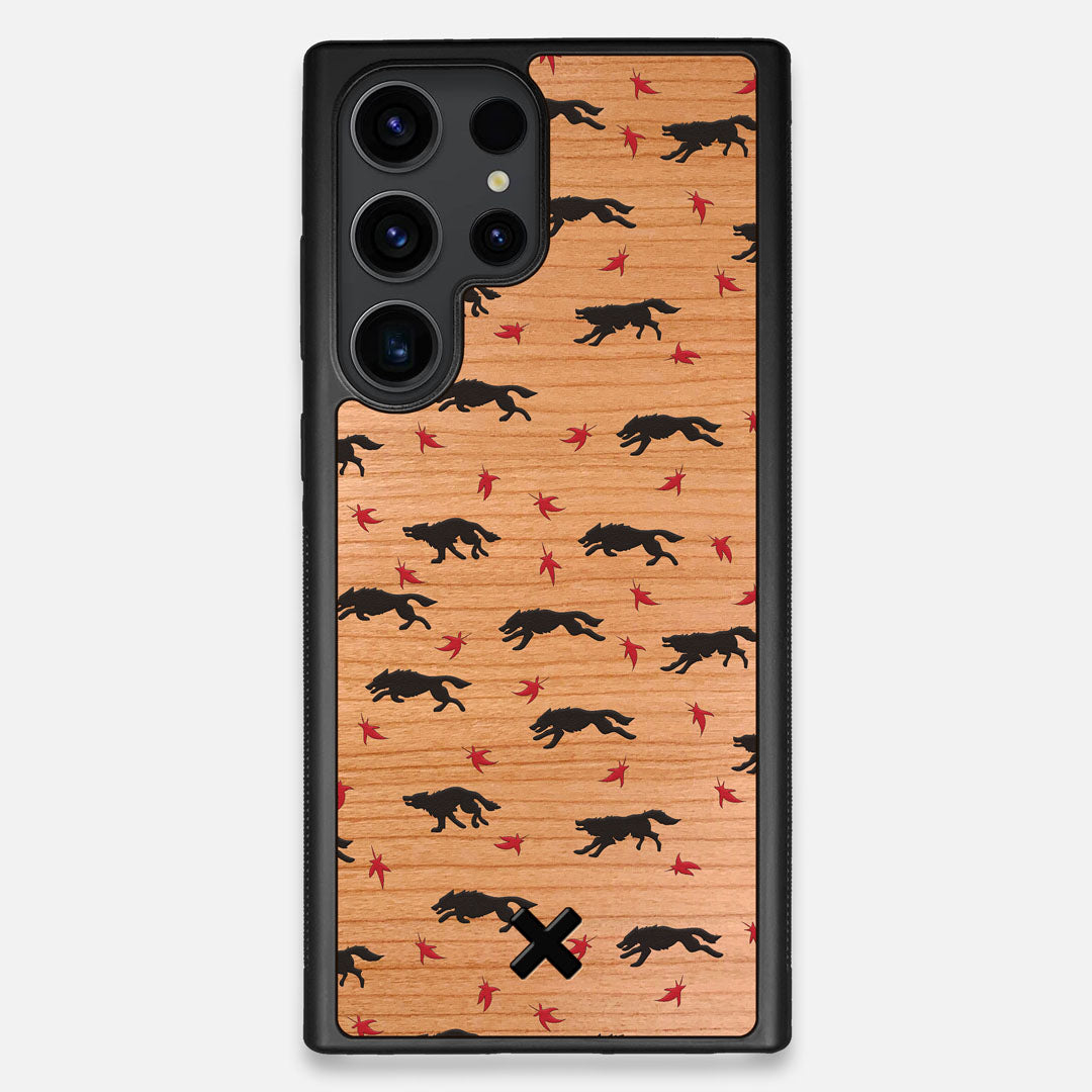 Front view of the unique pattern of wolves and Maple leaves printed on Cherry wood Galaxy S23 Ultra Case by Keyway Designs